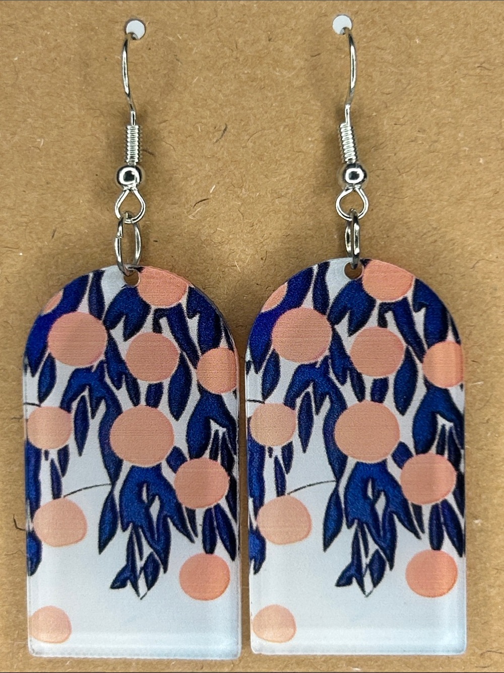 *LAST SET* Peach Dot & Navy Leaf Arch Drop Earrings Fashion Jewelry